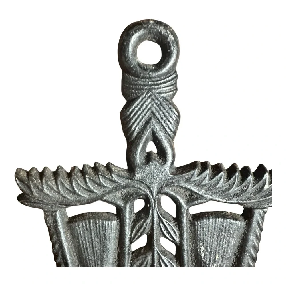 Vintage Wilton Cast Iron Trivet Wall Art Black Brooms Scrolls Wheat 8.25 x 5.25